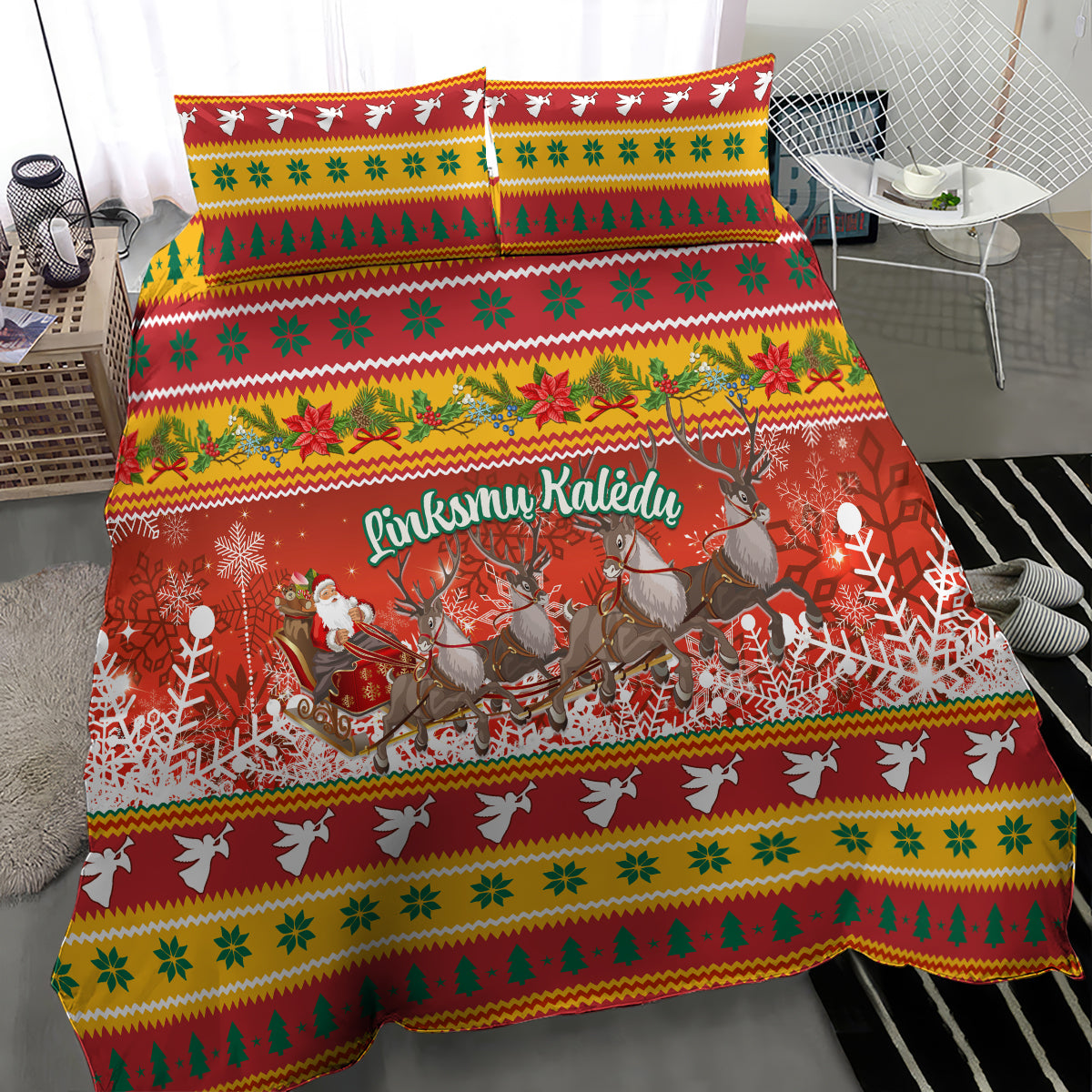 Custom Lithuania Christmas Bedding Set Lietuva Santa Claus With Reindeer - Wonder Print Shop