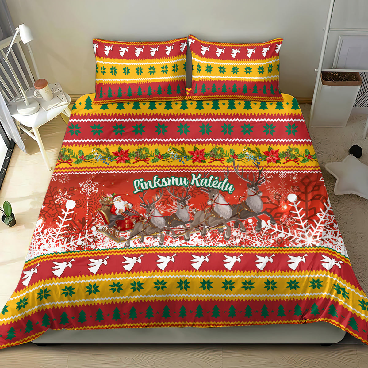 Custom Lithuania Christmas Bedding Set Lietuva Santa Claus With Reindeer - Wonder Print Shop