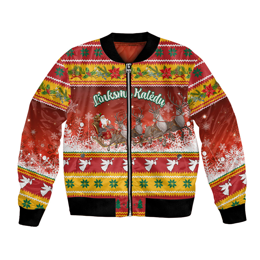 Custom Lithuania Christmas Bomber Jacket Lietuva Santa Claus With Reindeer - Wonder Print Shop