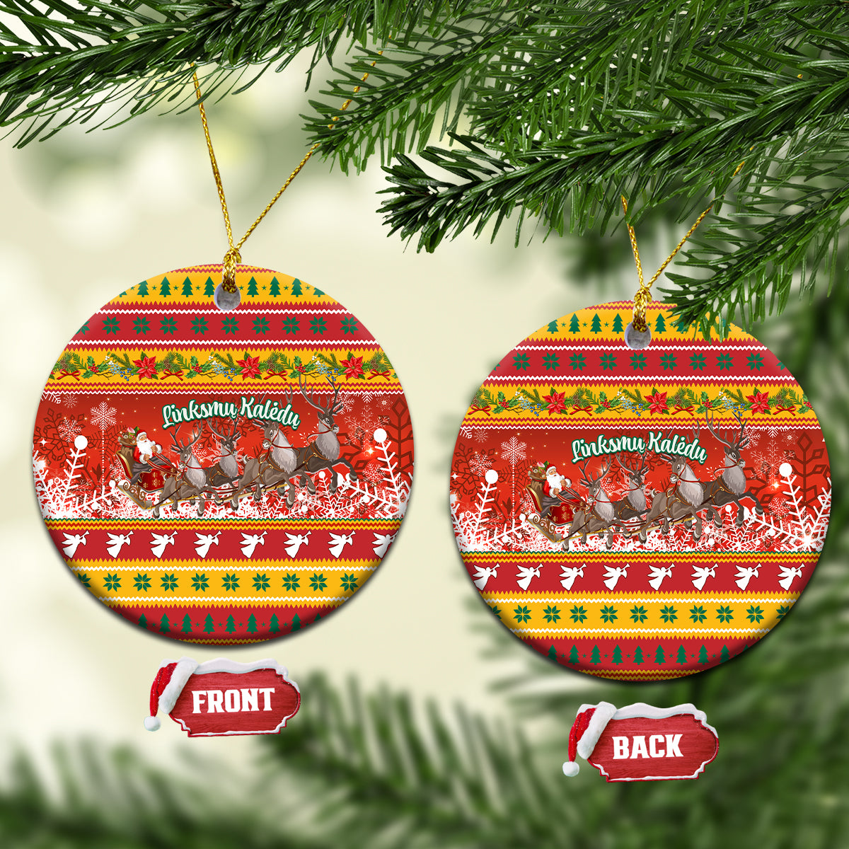 Lithuania Christmas Ceramic Ornament Lietuva Santa Claus With Reindeer - Wonder Print Shop