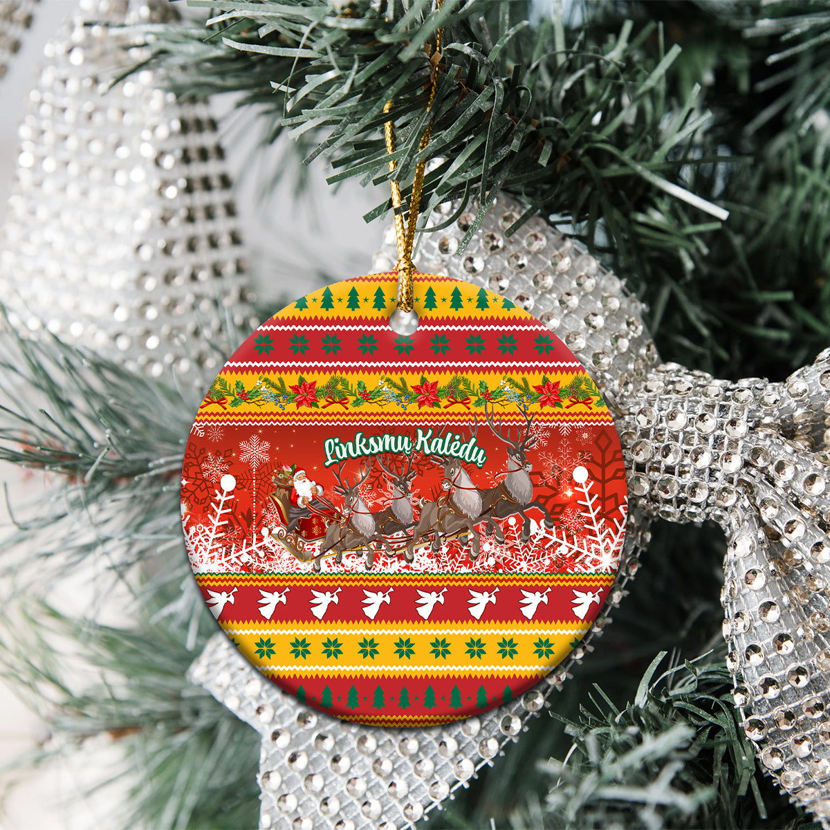 Lithuania Christmas Ceramic Ornament Lietuva Santa Claus With Reindeer - Wonder Print Shop