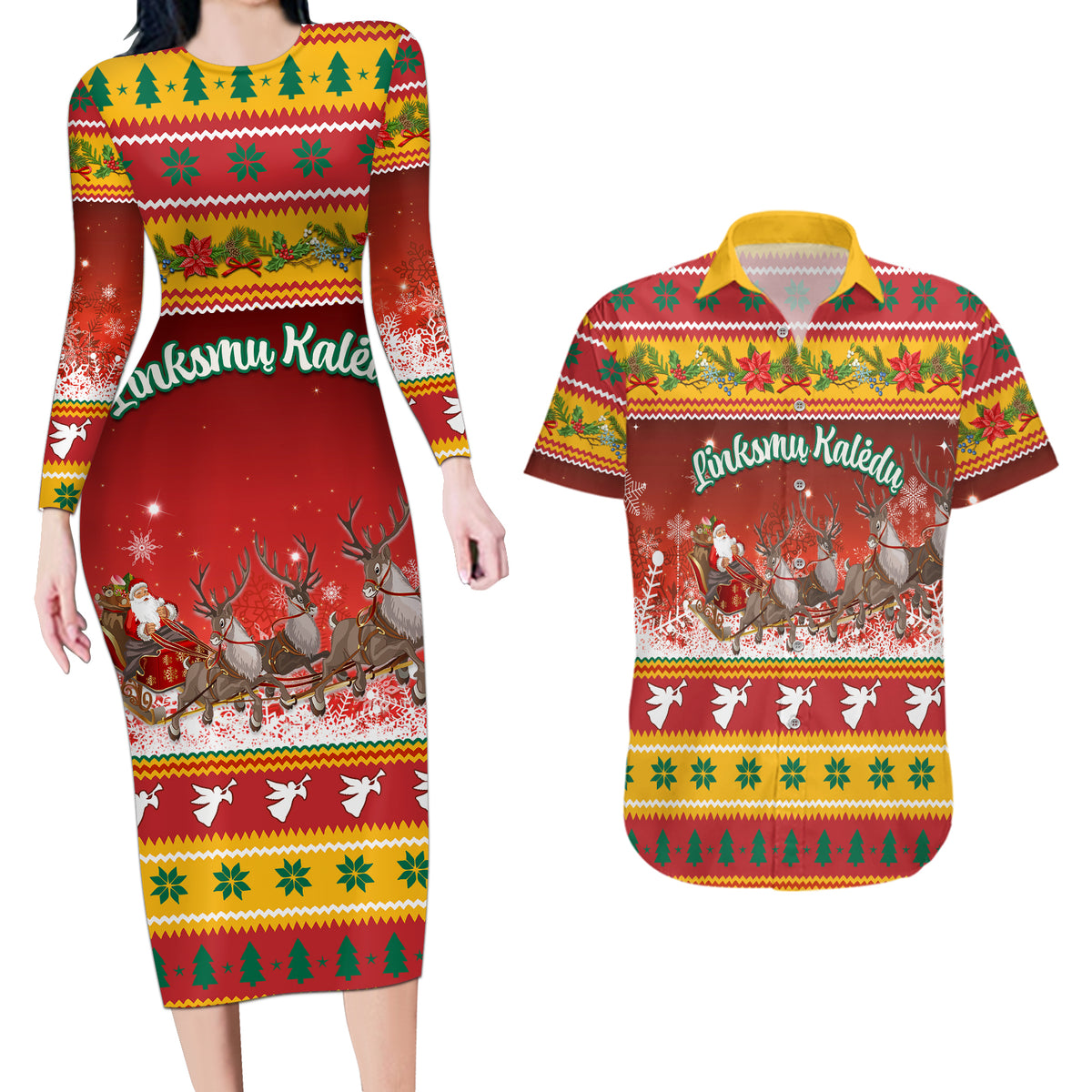 Custom Lithuania Christmas Couples Matching Long Sleeve Bodycon Dress and Hawaiian Shirt Lietuva Santa Claus With Reindeer - Wonder Print Shop
