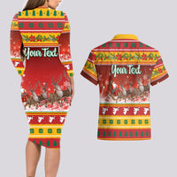 Custom Lithuania Christmas Couples Matching Long Sleeve Bodycon Dress and Hawaiian Shirt Lietuva Santa Claus With Reindeer - Wonder Print Shop