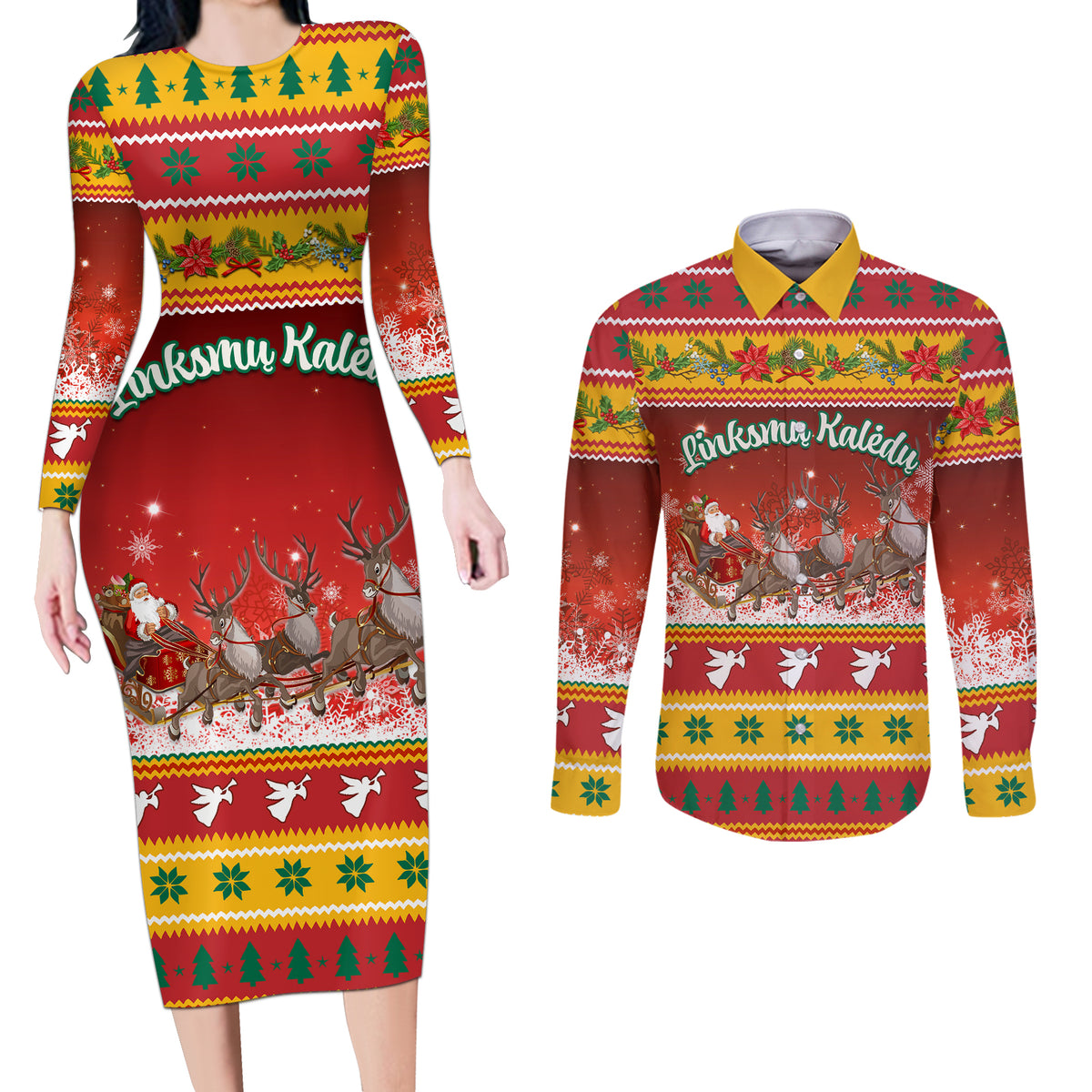Custom Lithuania Christmas Couples Matching Long Sleeve Bodycon Dress and Long Sleeve Button Shirt Lietuva Santa Claus With Reindeer - Wonder Print Shop