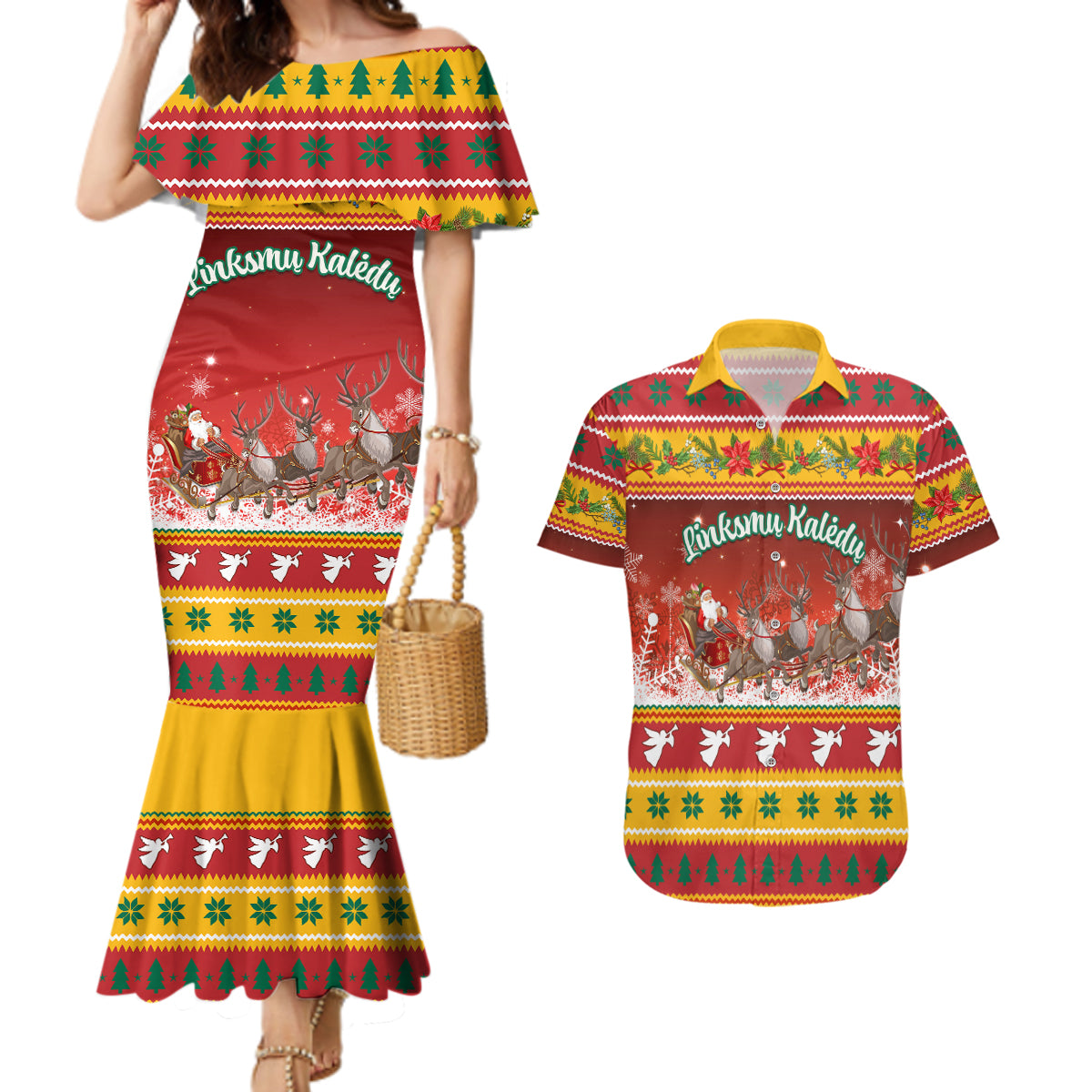 Custom Lithuania Christmas Couples Matching Mermaid Dress and Hawaiian Shirt Lietuva Santa Claus With Reindeer - Wonder Print Shop