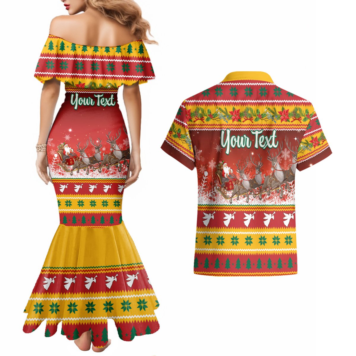 Custom Lithuania Christmas Couples Matching Mermaid Dress and Hawaiian Shirt Lietuva Santa Claus With Reindeer - Wonder Print Shop