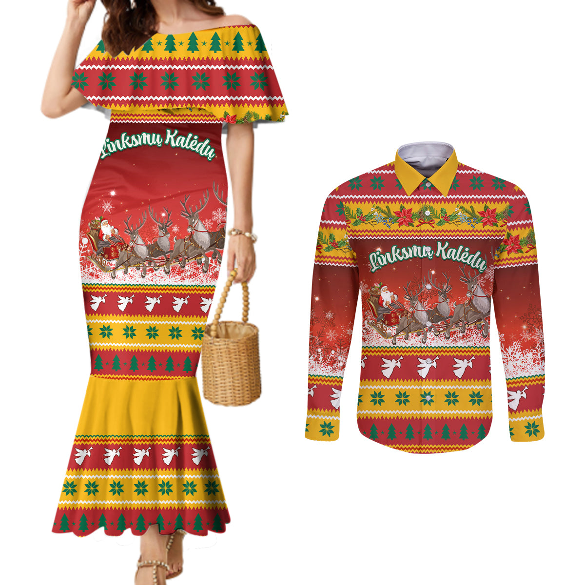 custom-lithuania-christmas-couples-matching-mermaid-dress-and-long-sleeve-button-shirt-lietuva-santa-claus-with-reindeer