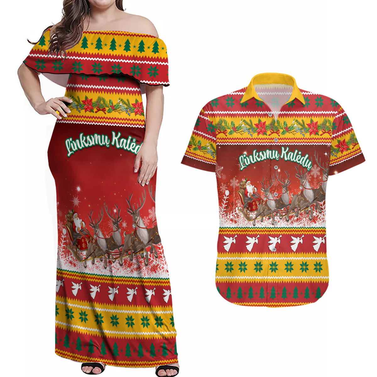 Custom Lithuania Christmas Couples Matching Off Shoulder Maxi Dress and Hawaiian Shirt Lietuva Santa Claus With Reindeer - Wonder Print Shop