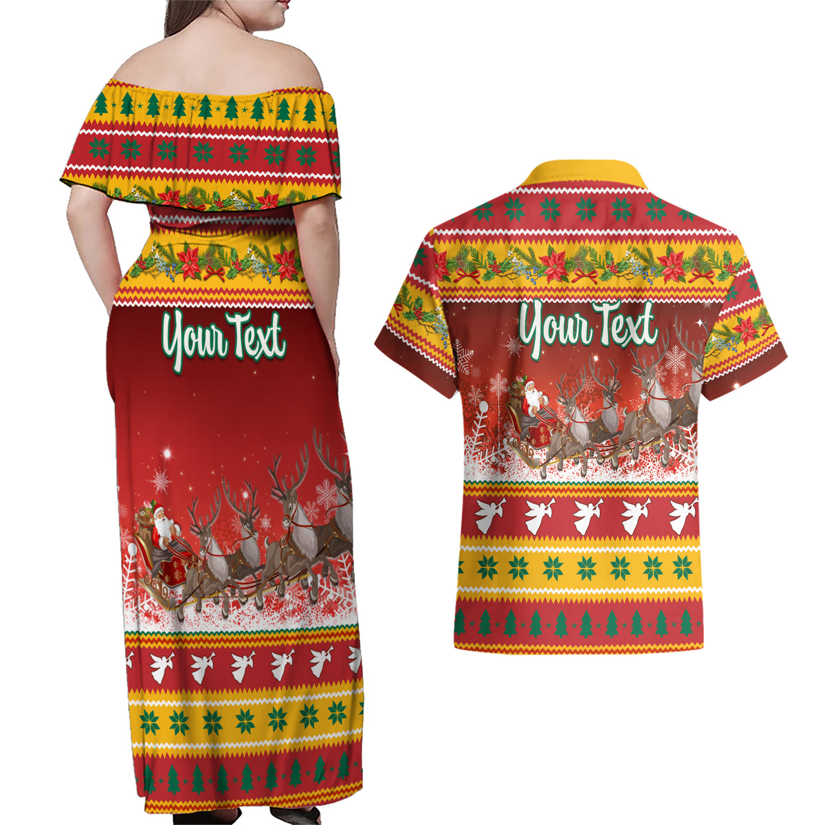 Custom Lithuania Christmas Couples Matching Off Shoulder Maxi Dress and Hawaiian Shirt Lietuva Santa Claus With Reindeer - Wonder Print Shop