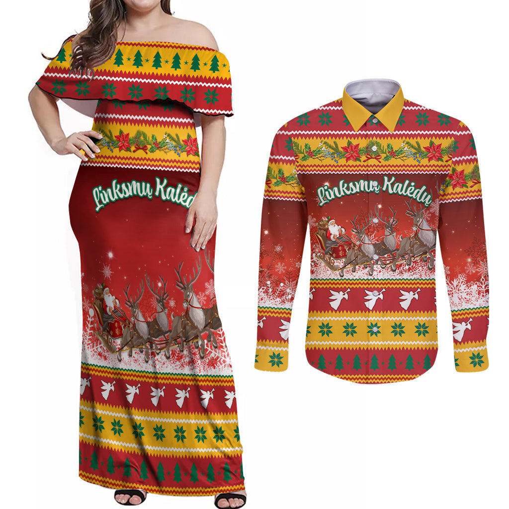 Custom Lithuania Christmas Couples Matching Off Shoulder Maxi Dress and Long Sleeve Button Shirt Lietuva Santa Claus With Reindeer - Wonder Print Shop