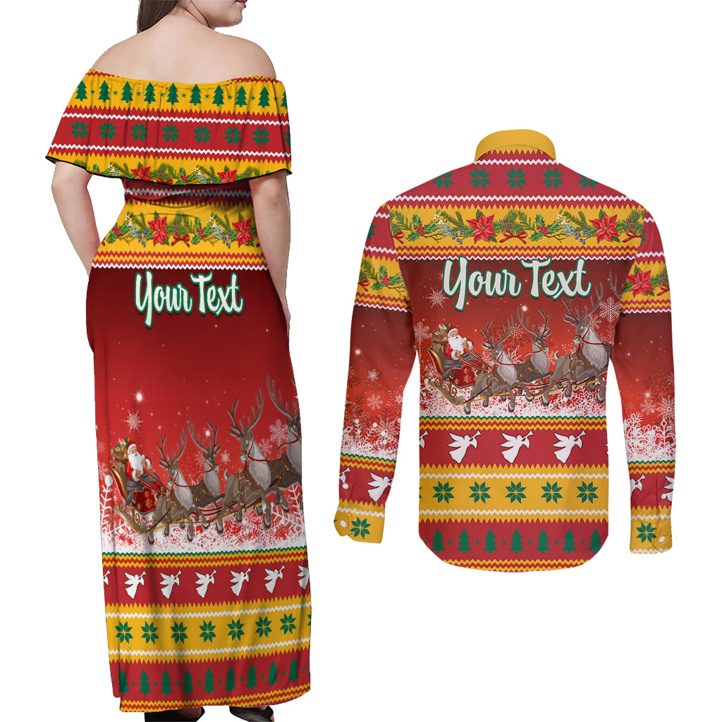 Custom Lithuania Christmas Couples Matching Off Shoulder Maxi Dress and Long Sleeve Button Shirt Lietuva Santa Claus With Reindeer - Wonder Print Shop