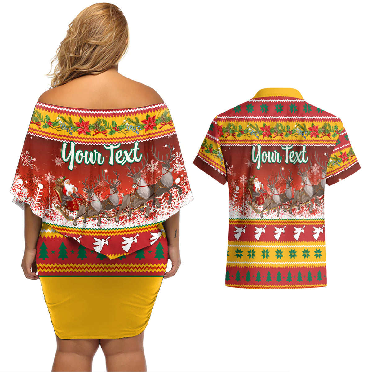 Custom Lithuania Christmas Couples Matching Off Shoulder Short Dress and Hawaiian Shirt Lietuva Santa Claus With Reindeer - Wonder Print Shop
