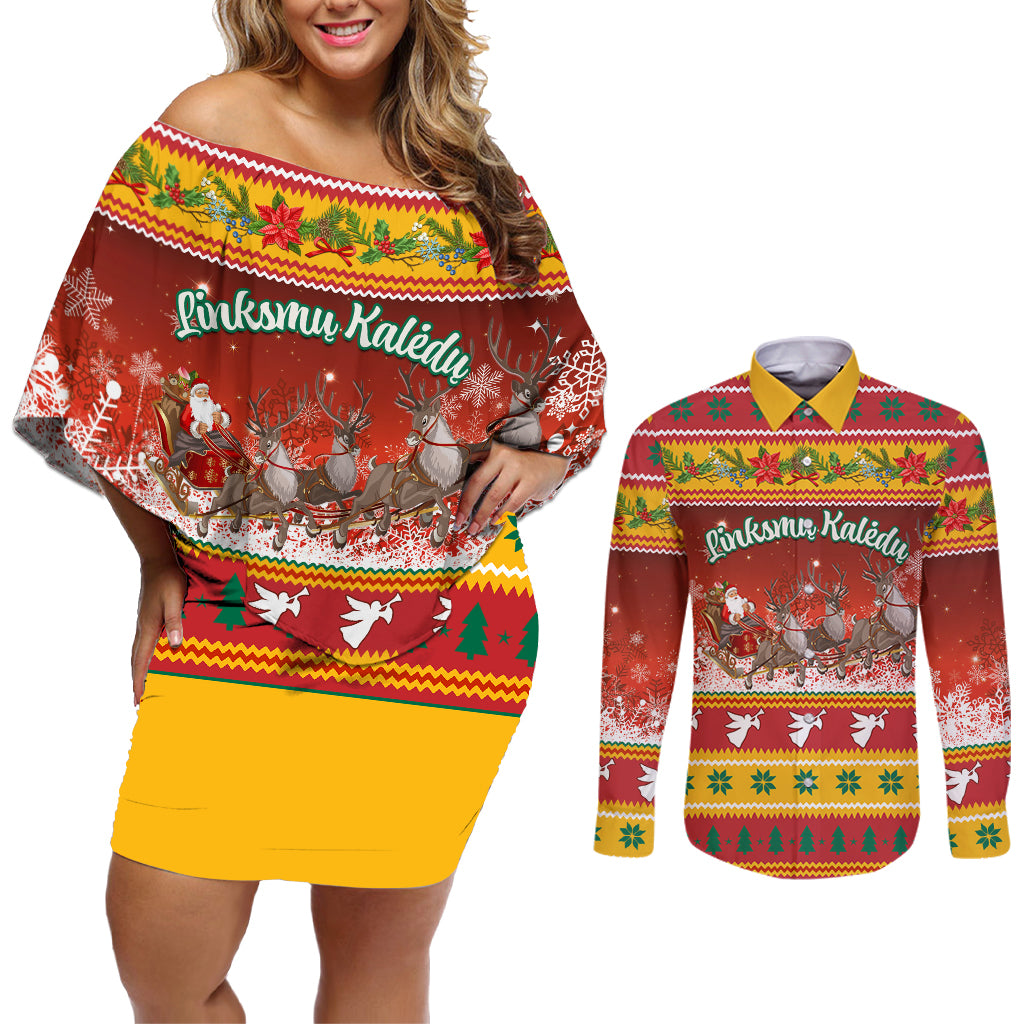 Custom Lithuania Christmas Couples Matching Off Shoulder Short Dress and Long Sleeve Button Shirt Lietuva Santa Claus With Reindeer - Wonder Print Shop
