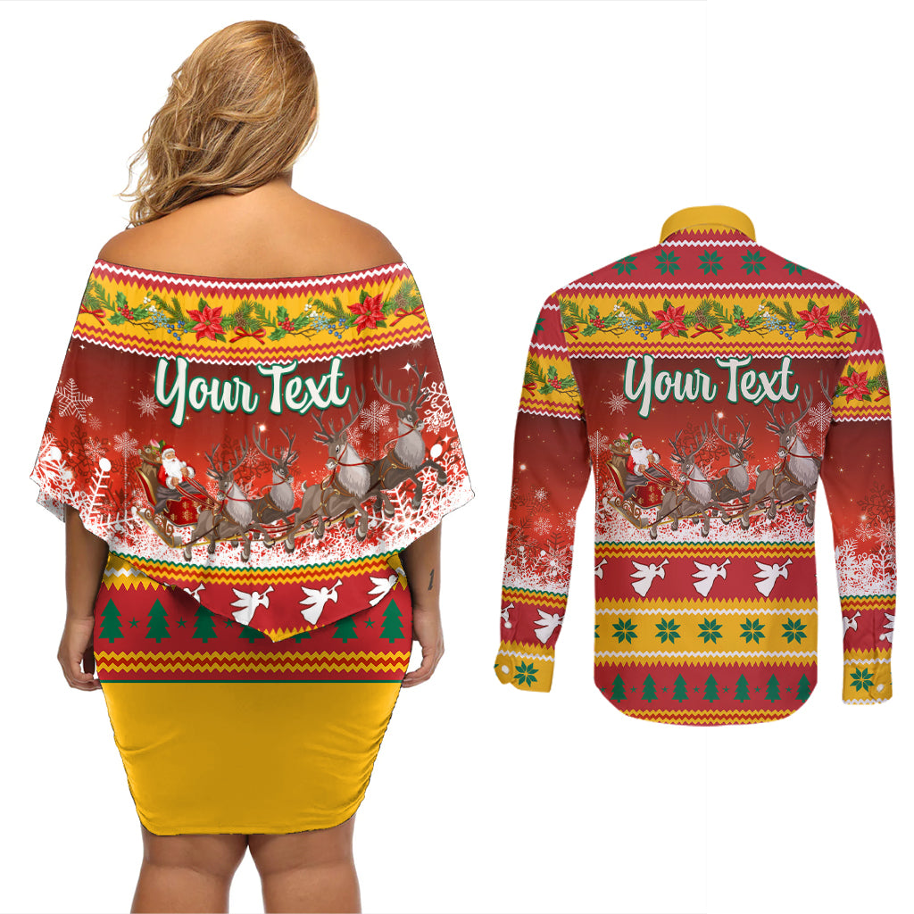 Custom Lithuania Christmas Couples Matching Off Shoulder Short Dress and Long Sleeve Button Shirt Lietuva Santa Claus With Reindeer - Wonder Print Shop