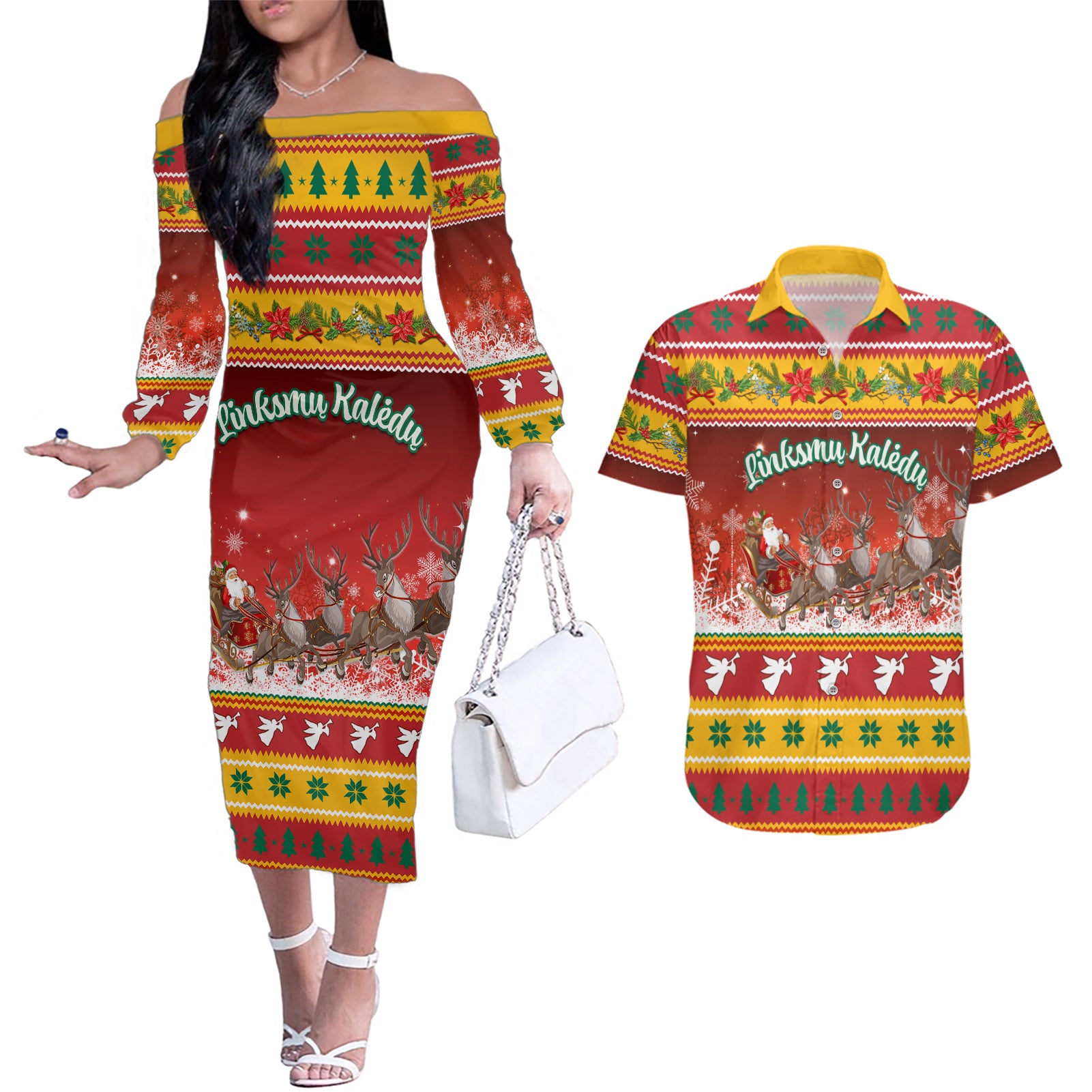 Custom Lithuania Christmas Couples Matching Off The Shoulder Long Sleeve Dress and Hawaiian Shirt Lietuva Santa Claus With Reindeer - Wonder Print Shop