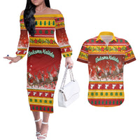 Custom Lithuania Christmas Couples Matching Off The Shoulder Long Sleeve Dress and Hawaiian Shirt Lietuva Santa Claus With Reindeer - Wonder Print Shop