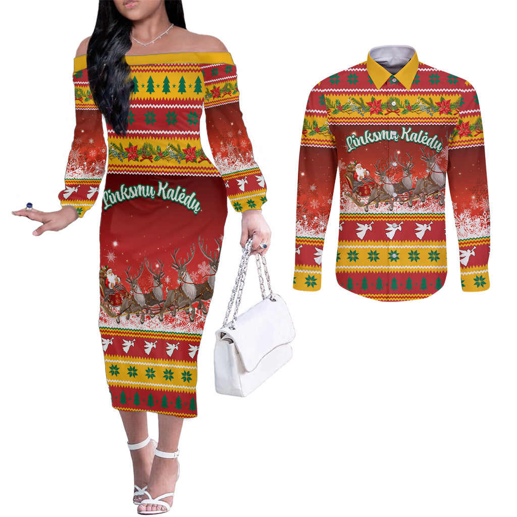 custom-lithuania-christmas-couples-matching-off-the-shoulder-long-sleeve-dress-and-long-sleeve-button-shirt-lietuva-santa-claus-with-reindeer
