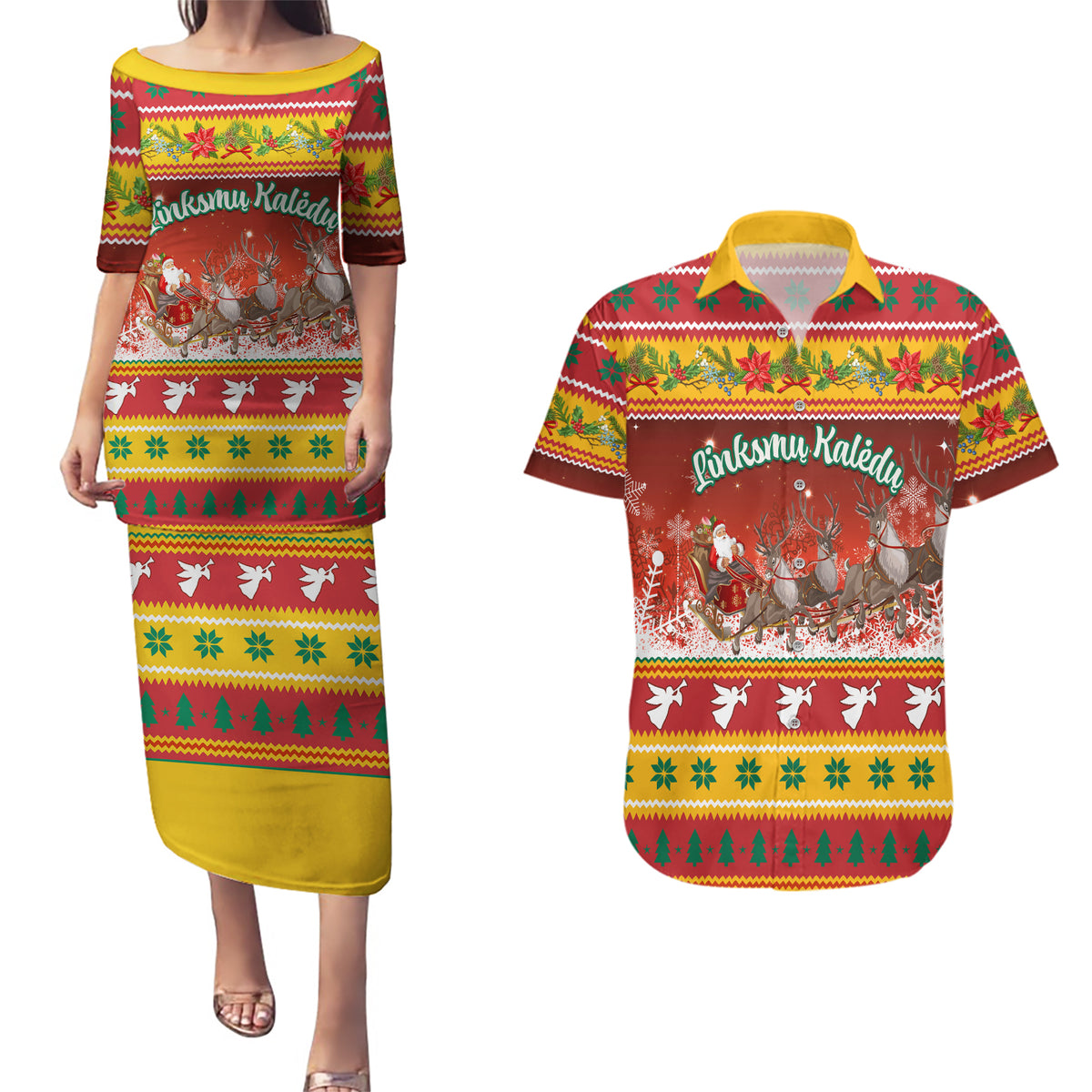 Custom Lithuania Christmas Couples Matching Puletasi Dress and Hawaiian Shirt Lietuva Santa Claus With Reindeer - Wonder Print Shop