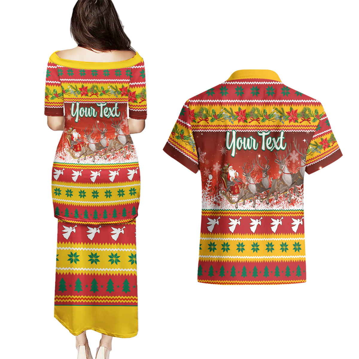 Custom Lithuania Christmas Couples Matching Puletasi Dress and Hawaiian Shirt Lietuva Santa Claus With Reindeer - Wonder Print Shop
