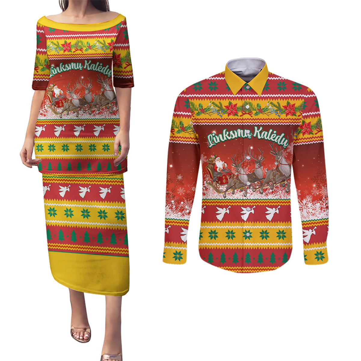 Custom Lithuania Christmas Couples Matching Puletasi Dress and Long Sleeve Button Shirt Lietuva Santa Claus With Reindeer - Wonder Print Shop