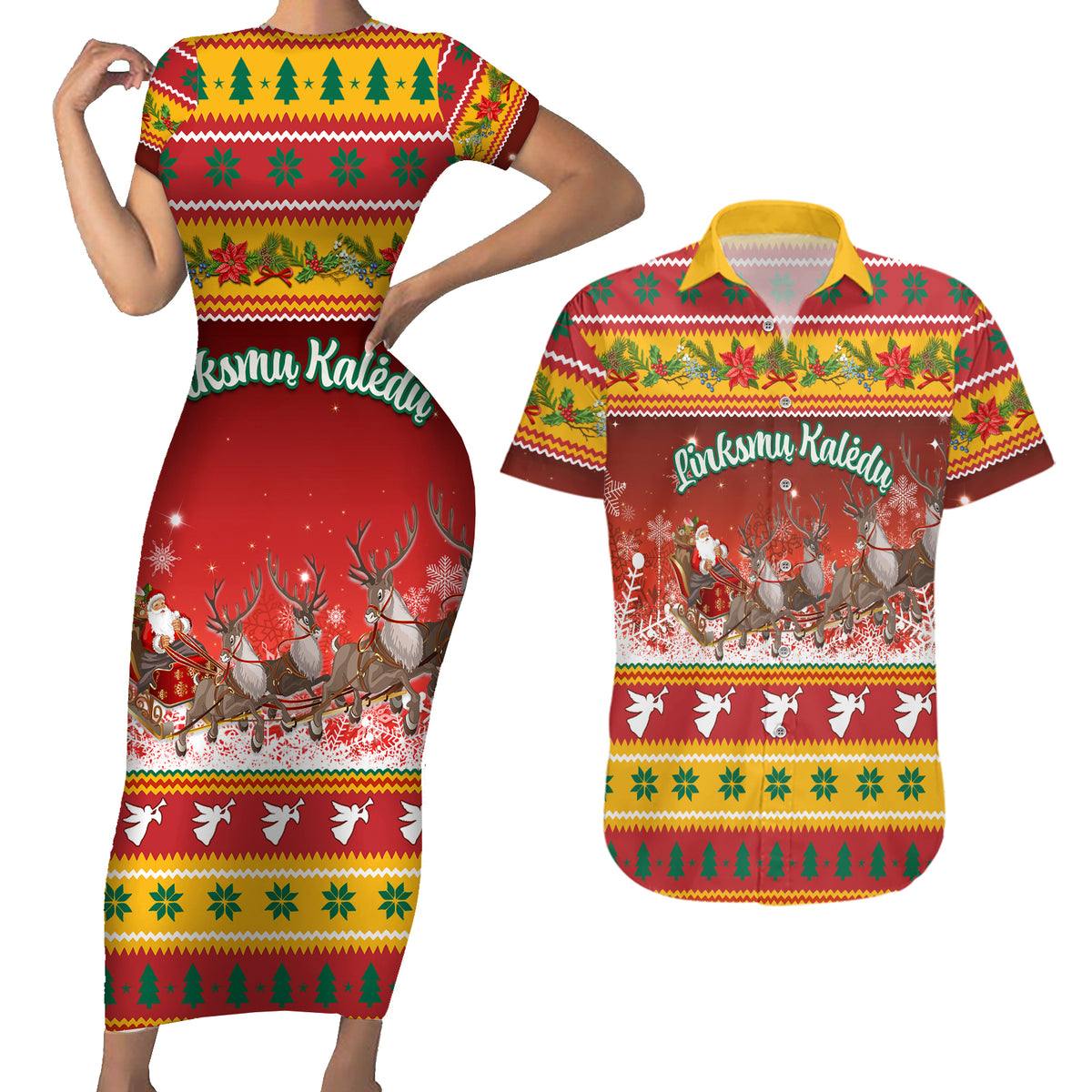 Custom Lithuania Christmas Couples Matching Short Sleeve Bodycon Dress and Hawaiian Shirt Lietuva Santa Claus With Reindeer - Wonder Print Shop
