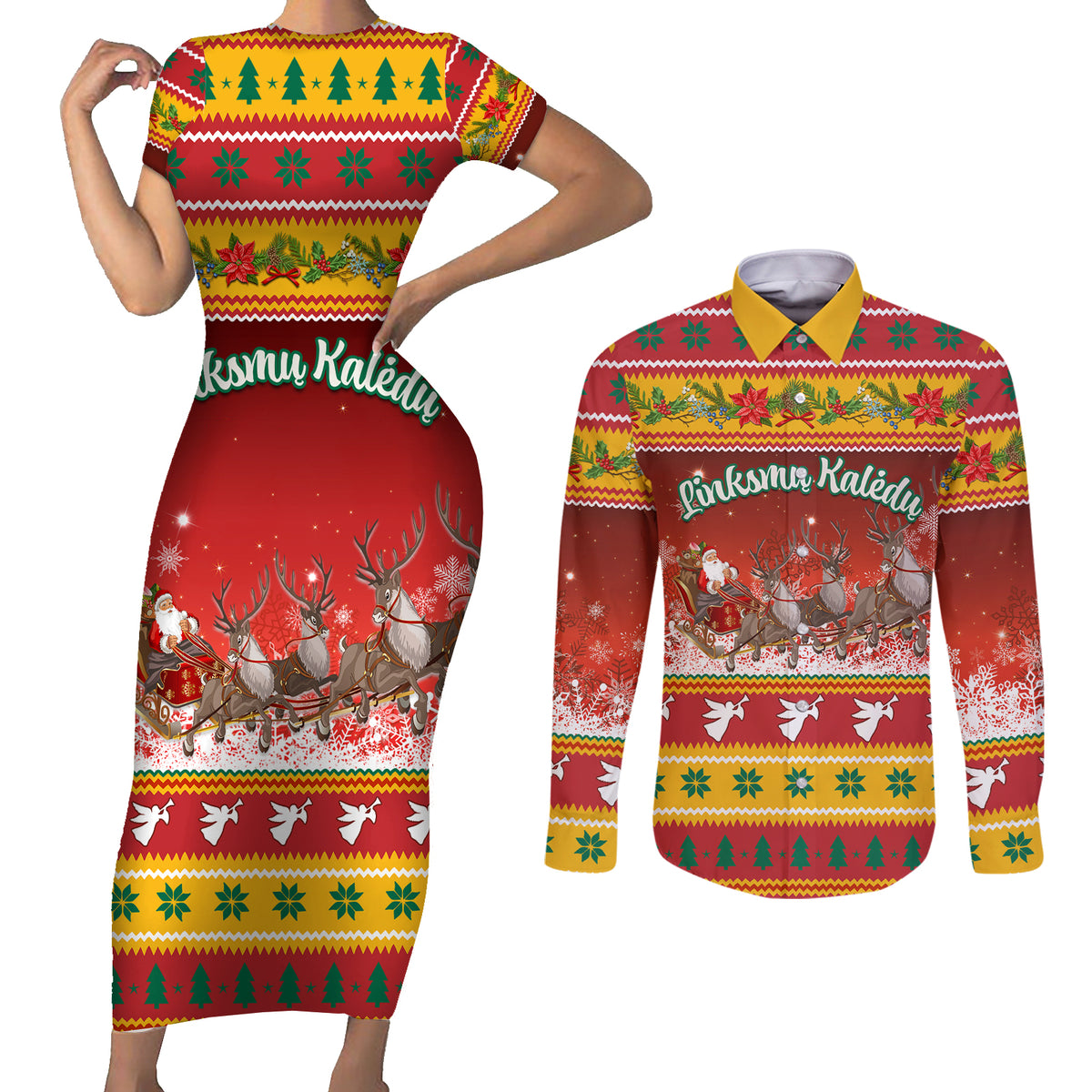 Custom Lithuania Christmas Couples Matching Short Sleeve Bodycon Dress and Long Sleeve Button Shirt Lietuva Santa Claus With Reindeer - Wonder Print Shop