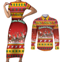 Custom Lithuania Christmas Couples Matching Short Sleeve Bodycon Dress and Long Sleeve Button Shirt Lietuva Santa Claus With Reindeer - Wonder Print Shop
