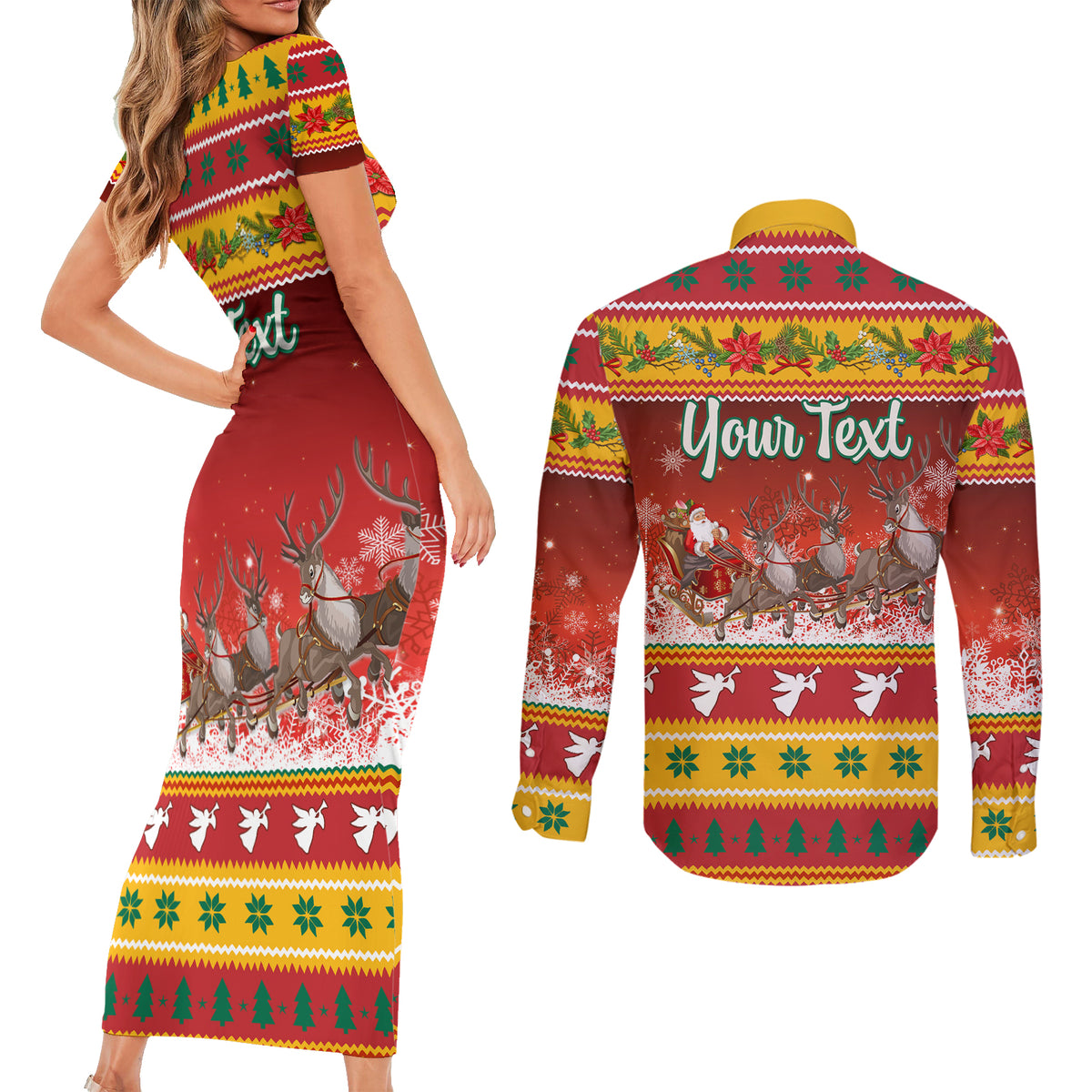 Custom Lithuania Christmas Couples Matching Short Sleeve Bodycon Dress and Long Sleeve Button Shirt Lietuva Santa Claus With Reindeer - Wonder Print Shop