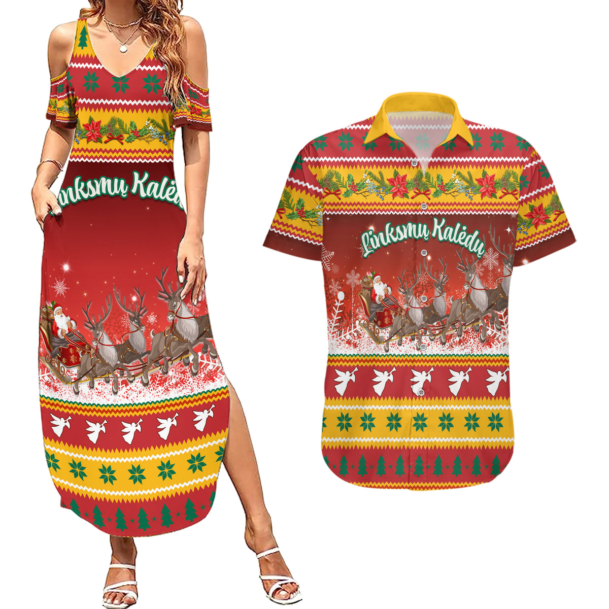 Custom Lithuania Christmas Couples Matching Summer Maxi Dress and Hawaiian Shirt Lietuva Santa Claus With Reindeer - Wonder Print Shop