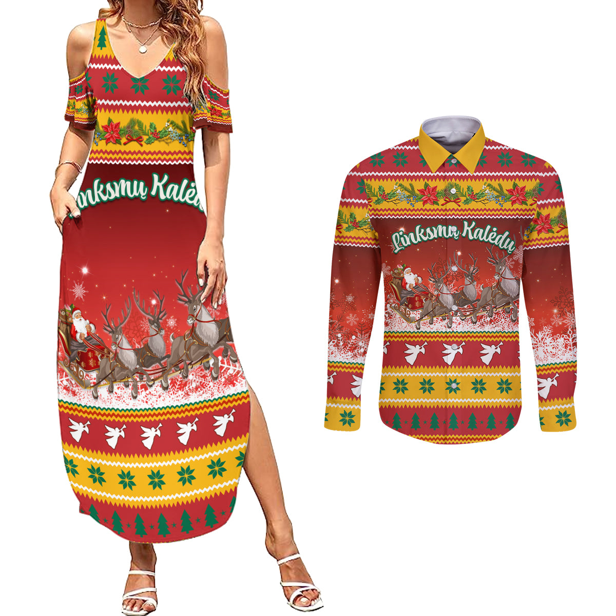 Custom Lithuania Christmas Couples Matching Summer Maxi Dress and Long Sleeve Button Shirt Lietuva Santa Claus With Reindeer - Wonder Print Shop