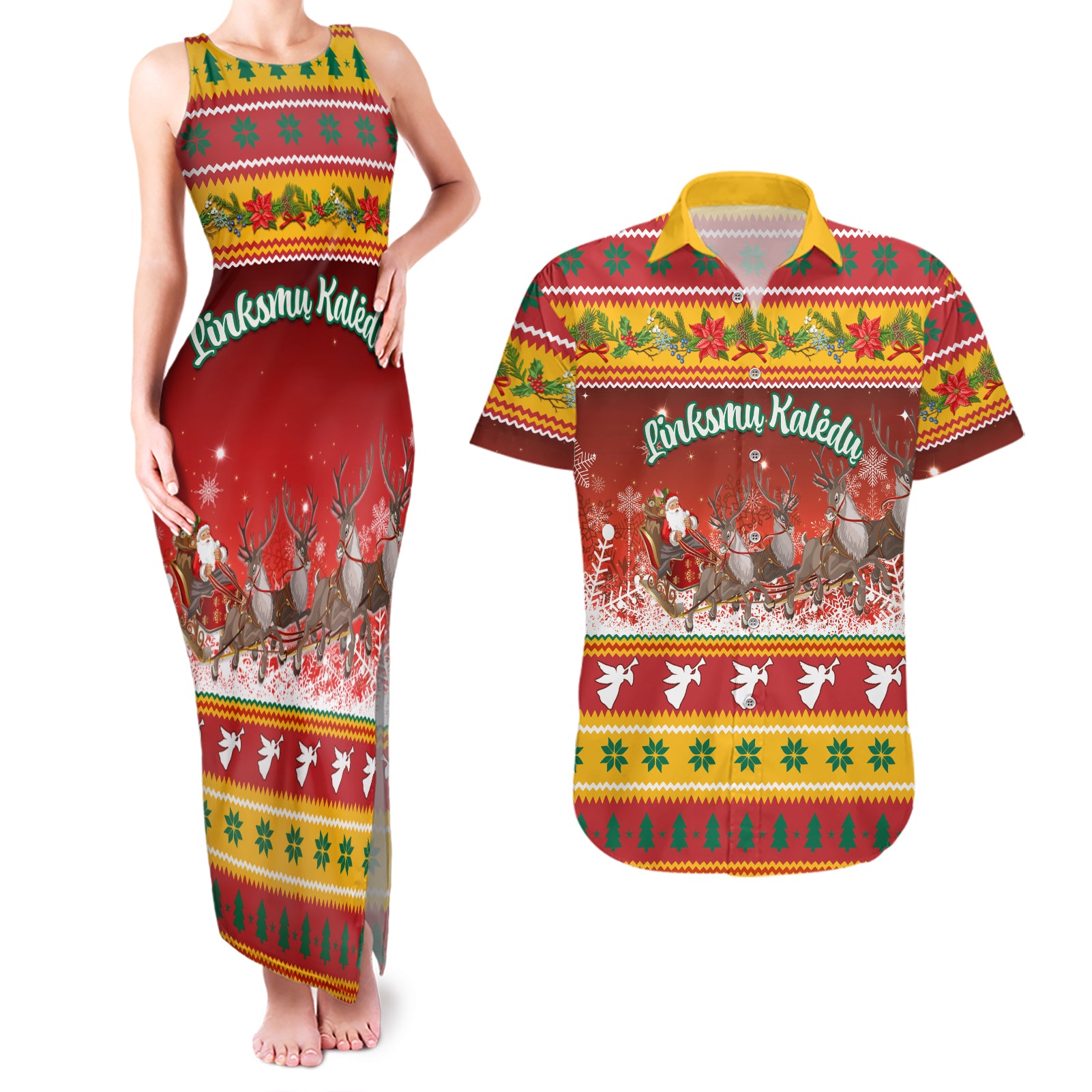 Custom Lithuania Christmas Couples Matching Tank Maxi Dress and Hawaiian Shirt Lietuva Santa Claus With Reindeer - Wonder Print Shop