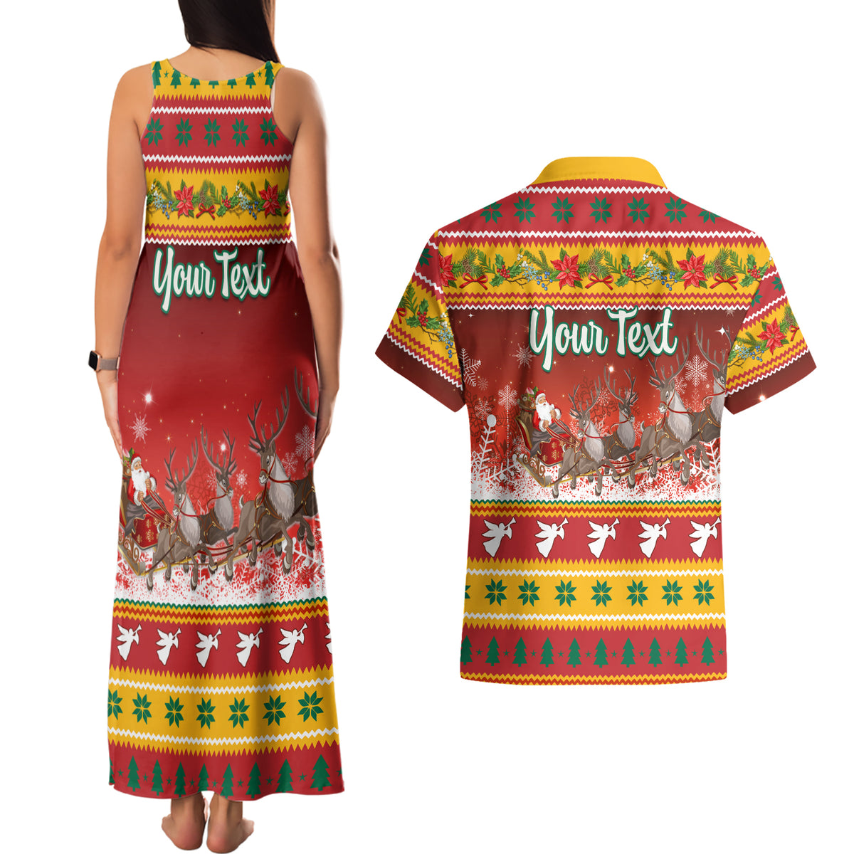 Custom Lithuania Christmas Couples Matching Tank Maxi Dress and Hawaiian Shirt Lietuva Santa Claus With Reindeer - Wonder Print Shop