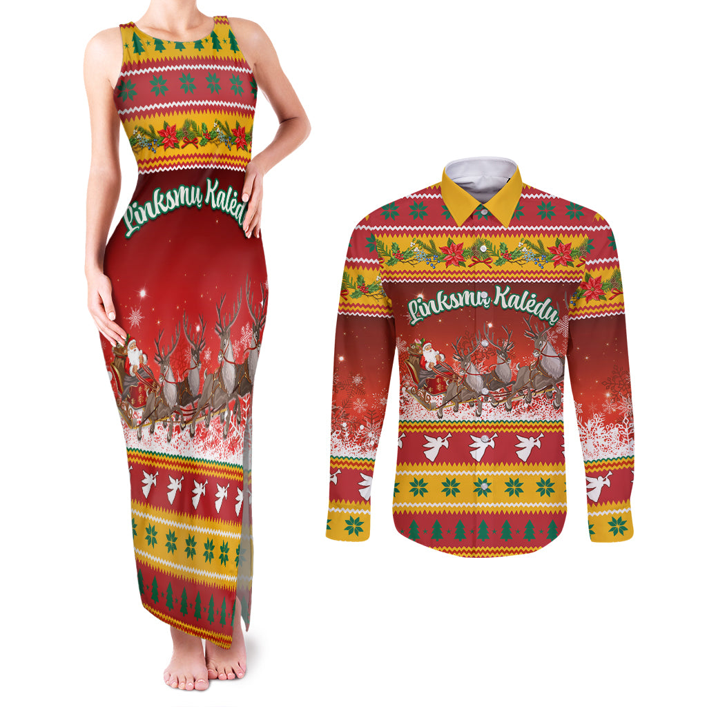 Custom Lithuania Christmas Couples Matching Tank Maxi Dress and Long Sleeve Button Shirt Lietuva Santa Claus With Reindeer - Wonder Print Shop