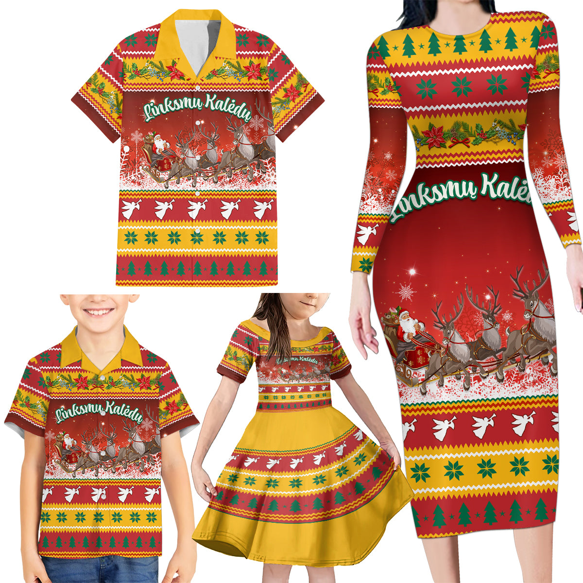Custom Lithuania Christmas Family Matching Long Sleeve Bodycon Dress and Hawaiian Shirt Lietuva Santa Claus With Reindeer - Wonder Print Shop