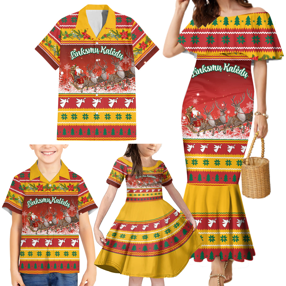 Custom Lithuania Christmas Family Matching Mermaid Dress and Hawaiian Shirt Lietuva Santa Claus With Reindeer - Wonder Print Shop