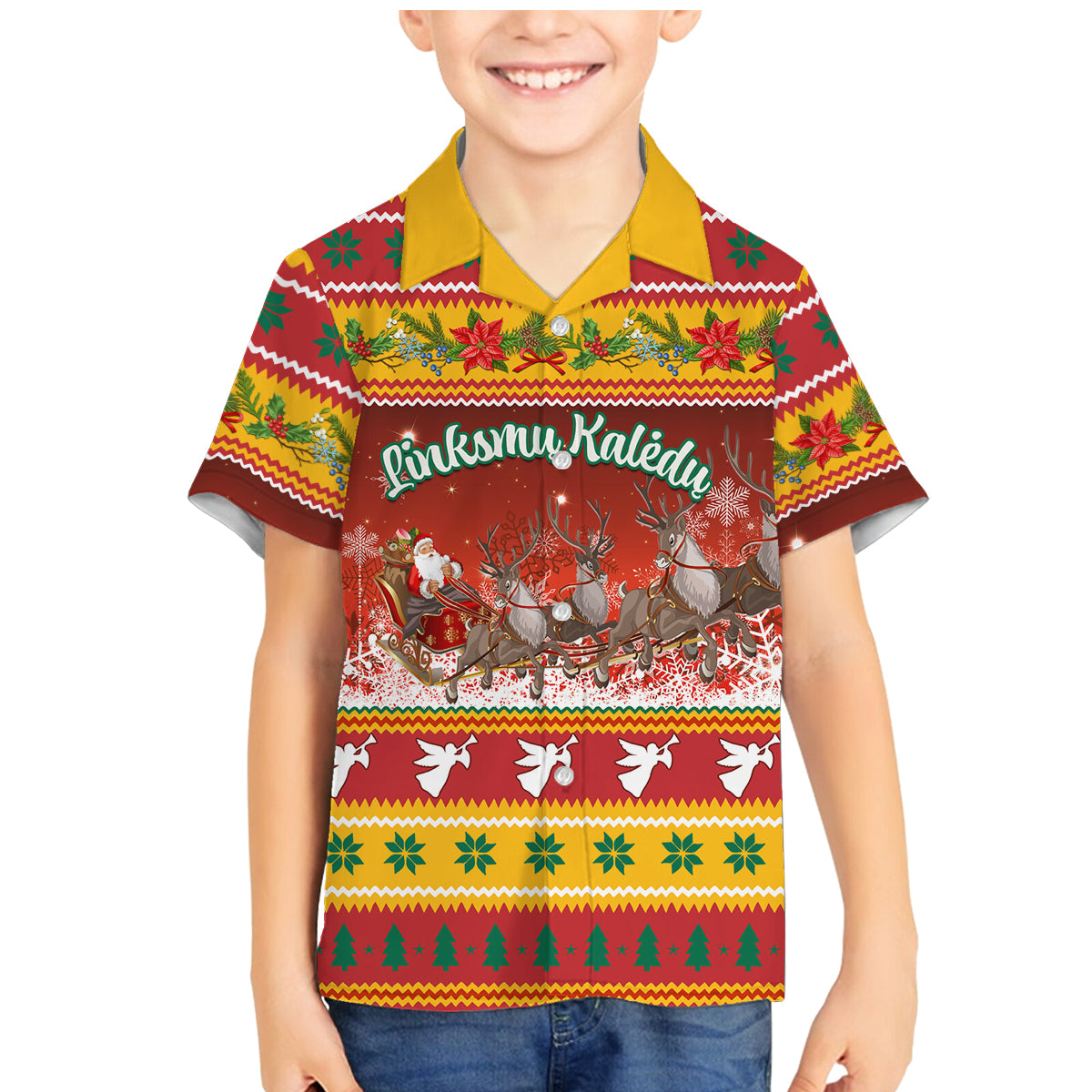 Custom Lithuania Christmas Family Matching Mermaid Dress and Hawaiian Shirt Lietuva Santa Claus With Reindeer - Wonder Print Shop