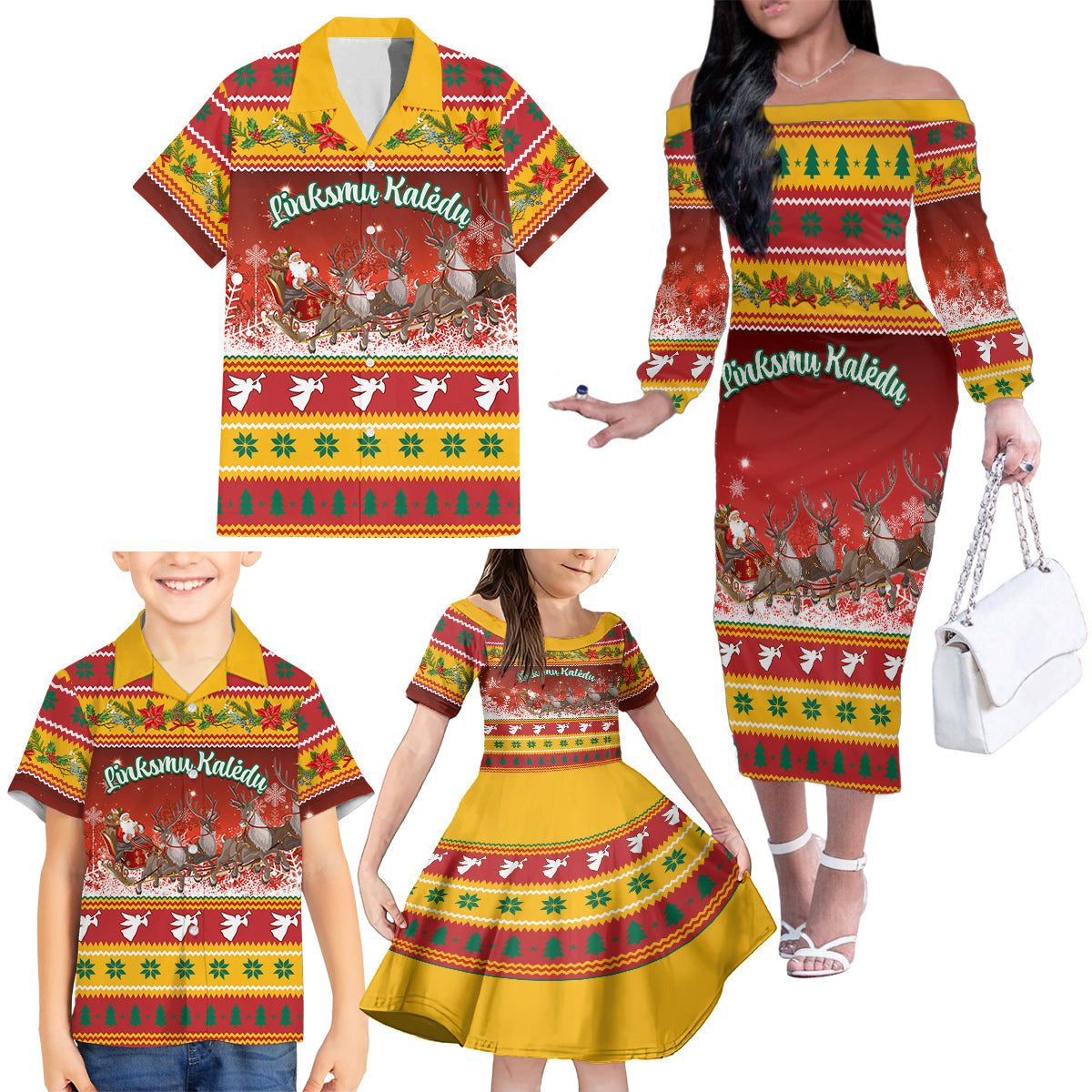 Custom Lithuania Christmas Family Matching Off Shoulder Long Sleeve Dress and Hawaiian Shirt Lietuva Santa Claus With Reindeer - Wonder Print Shop