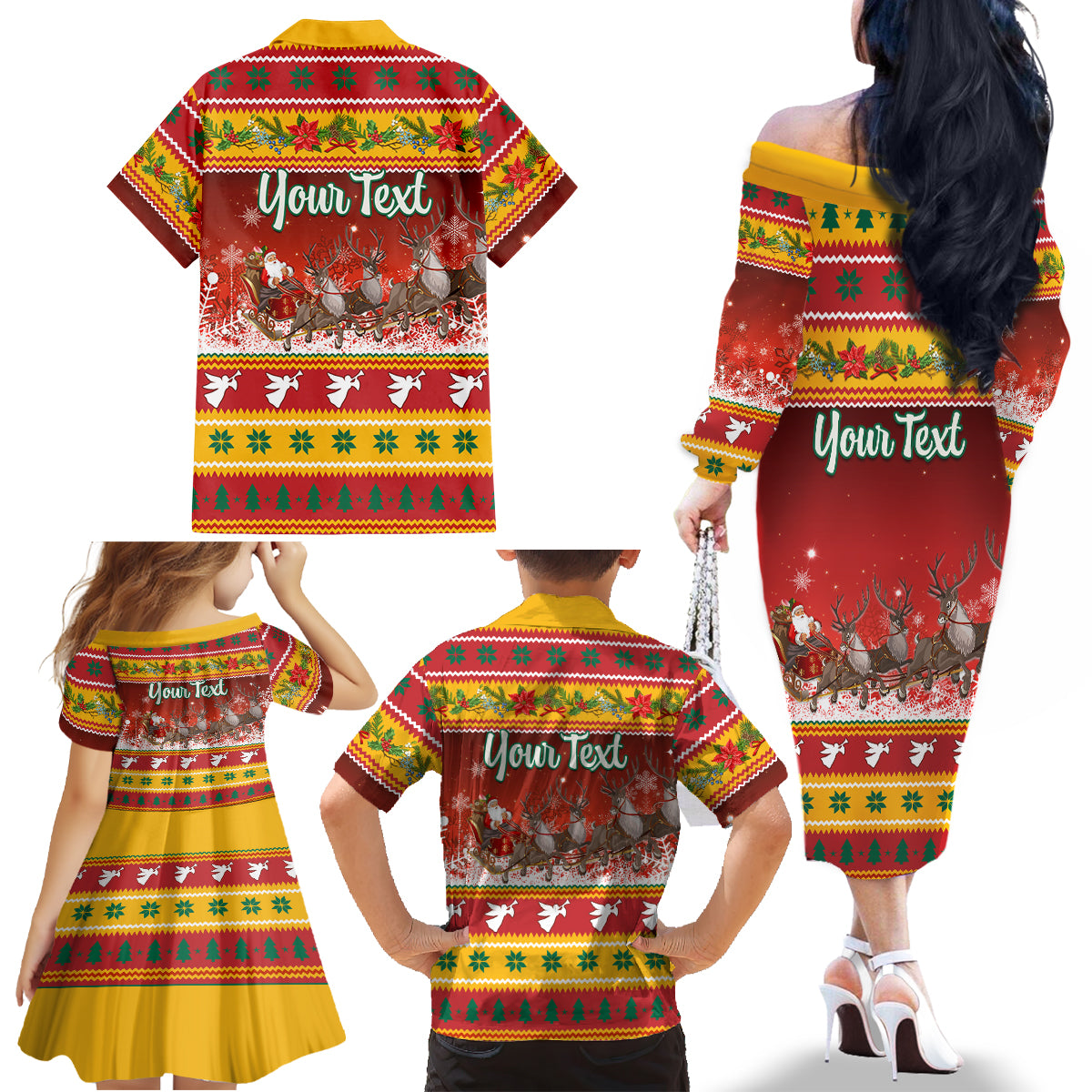 Custom Lithuania Christmas Family Matching Off Shoulder Long Sleeve Dress and Hawaiian Shirt Lietuva Santa Claus With Reindeer - Wonder Print Shop