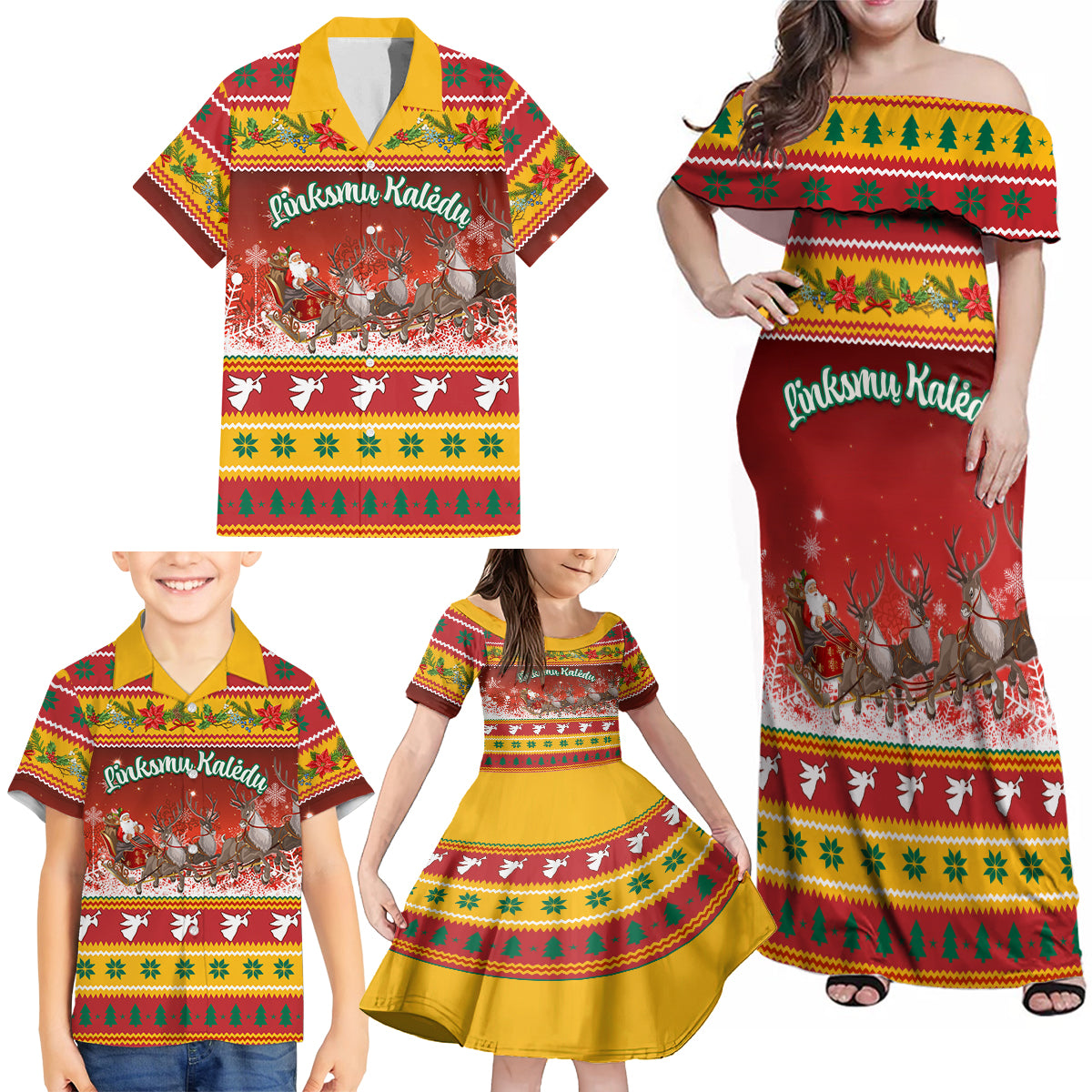 Custom Lithuania Christmas Family Matching Off Shoulder Maxi Dress and Hawaiian Shirt Lietuva Santa Claus With Reindeer - Wonder Print Shop