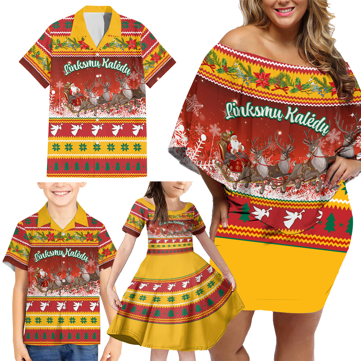 Custom Lithuania Christmas Family Matching Off Shoulder Short Dress and Hawaiian Shirt Lietuva Santa Claus With Reindeer - Wonder Print Shop