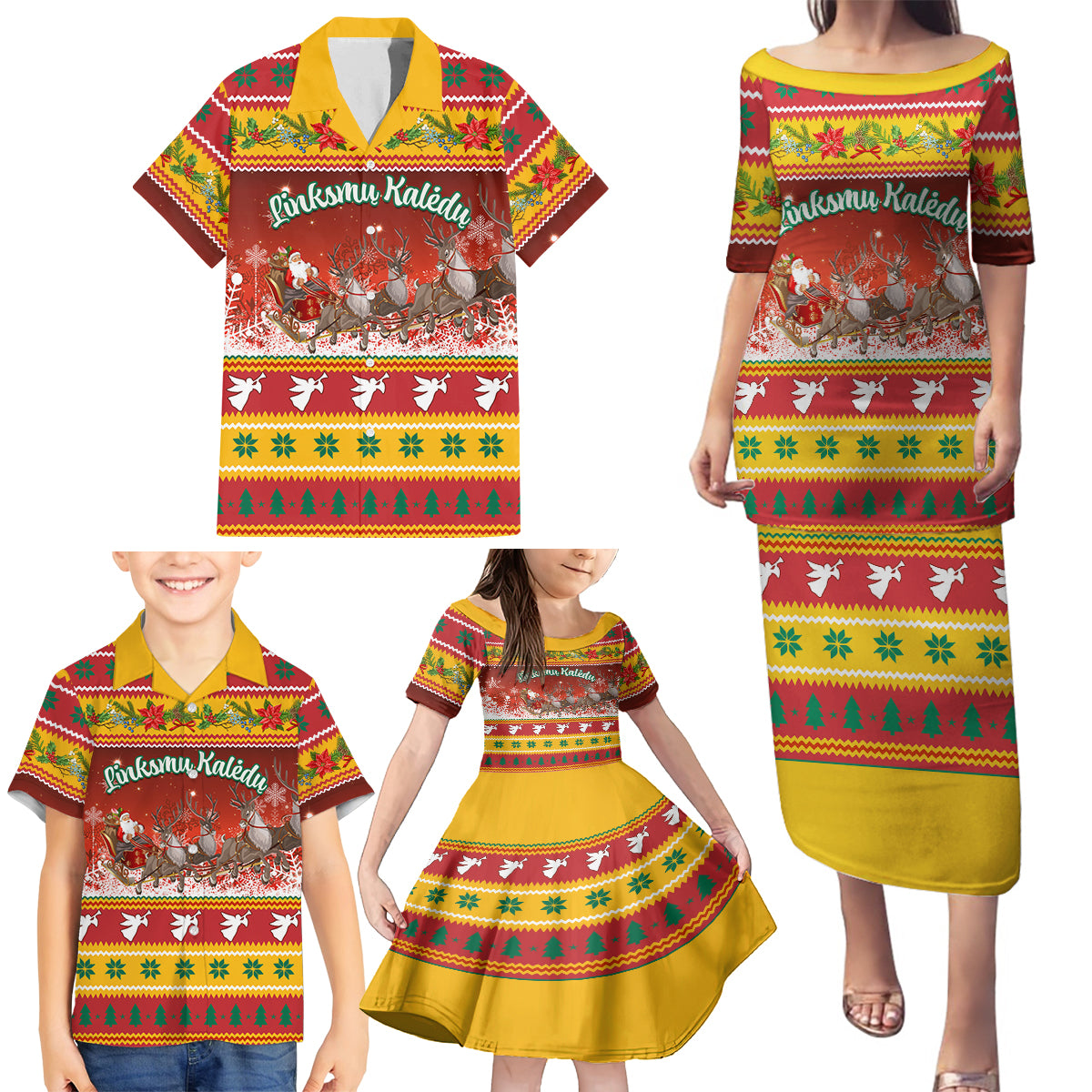 Custom Lithuania Christmas Family Matching Puletasi Dress and Hawaiian Shirt Lietuva Santa Claus With Reindeer - Wonder Print Shop