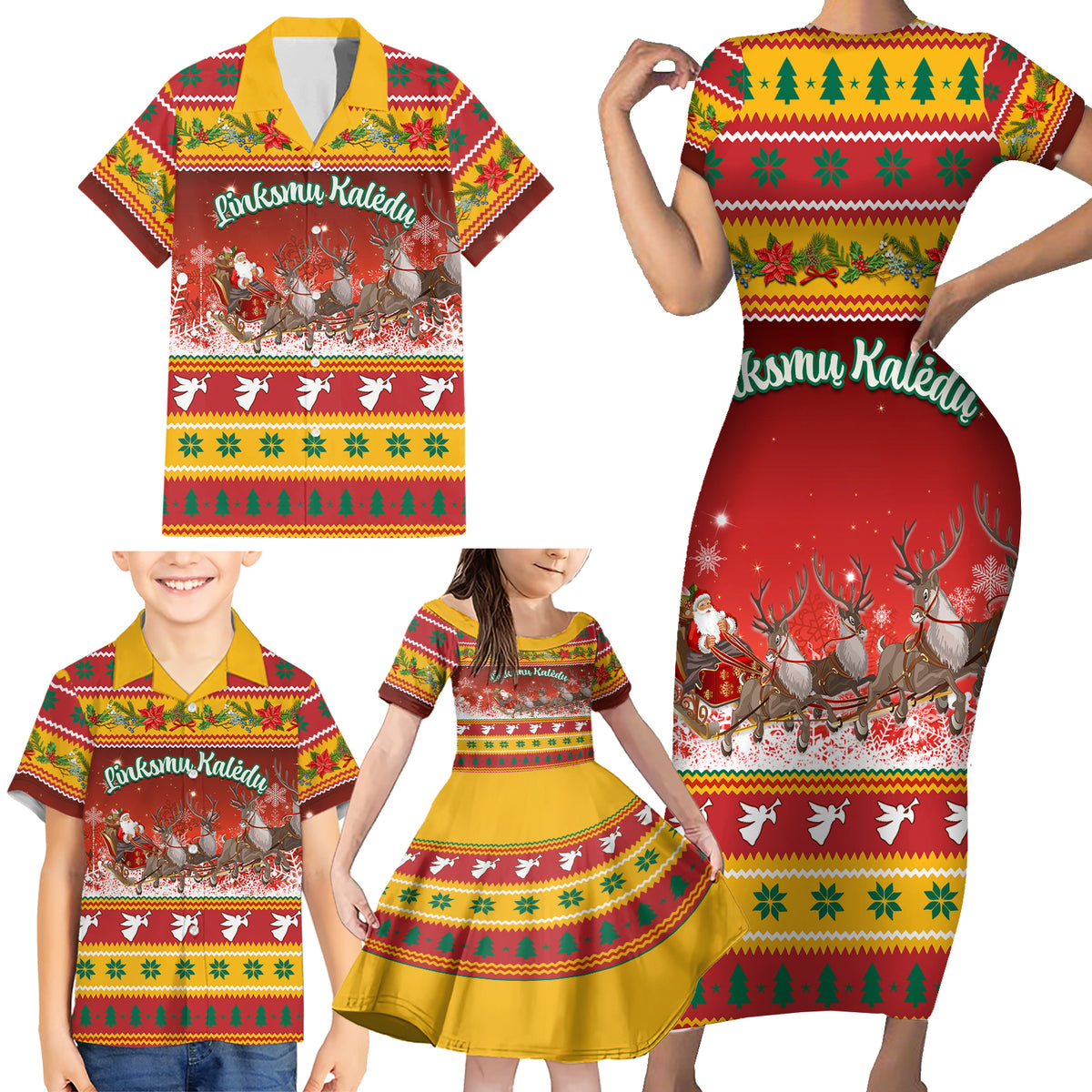 Custom Lithuania Christmas Family Matching Short Sleeve Bodycon Dress and Hawaiian Shirt Lietuva Santa Claus With Reindeer - Wonder Print Shop
