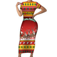 Custom Lithuania Christmas Family Matching Short Sleeve Bodycon Dress and Hawaiian Shirt Lietuva Santa Claus With Reindeer - Wonder Print Shop