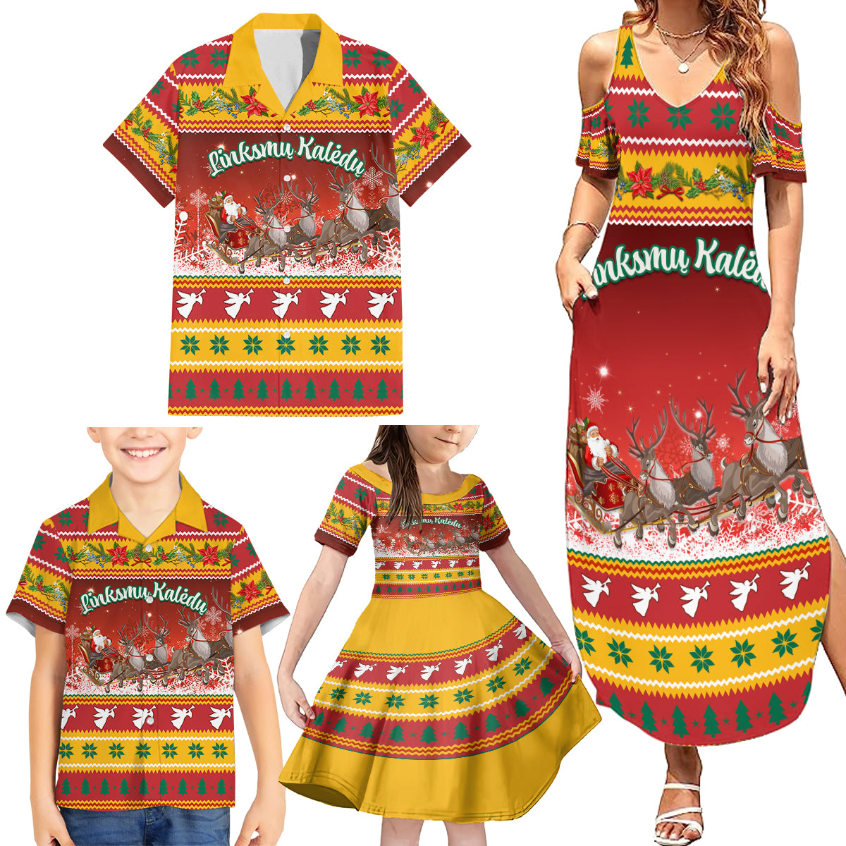 Custom Lithuania Christmas Family Matching Summer Maxi Dress and Hawaiian Shirt Lietuva Santa Claus With Reindeer - Wonder Print Shop