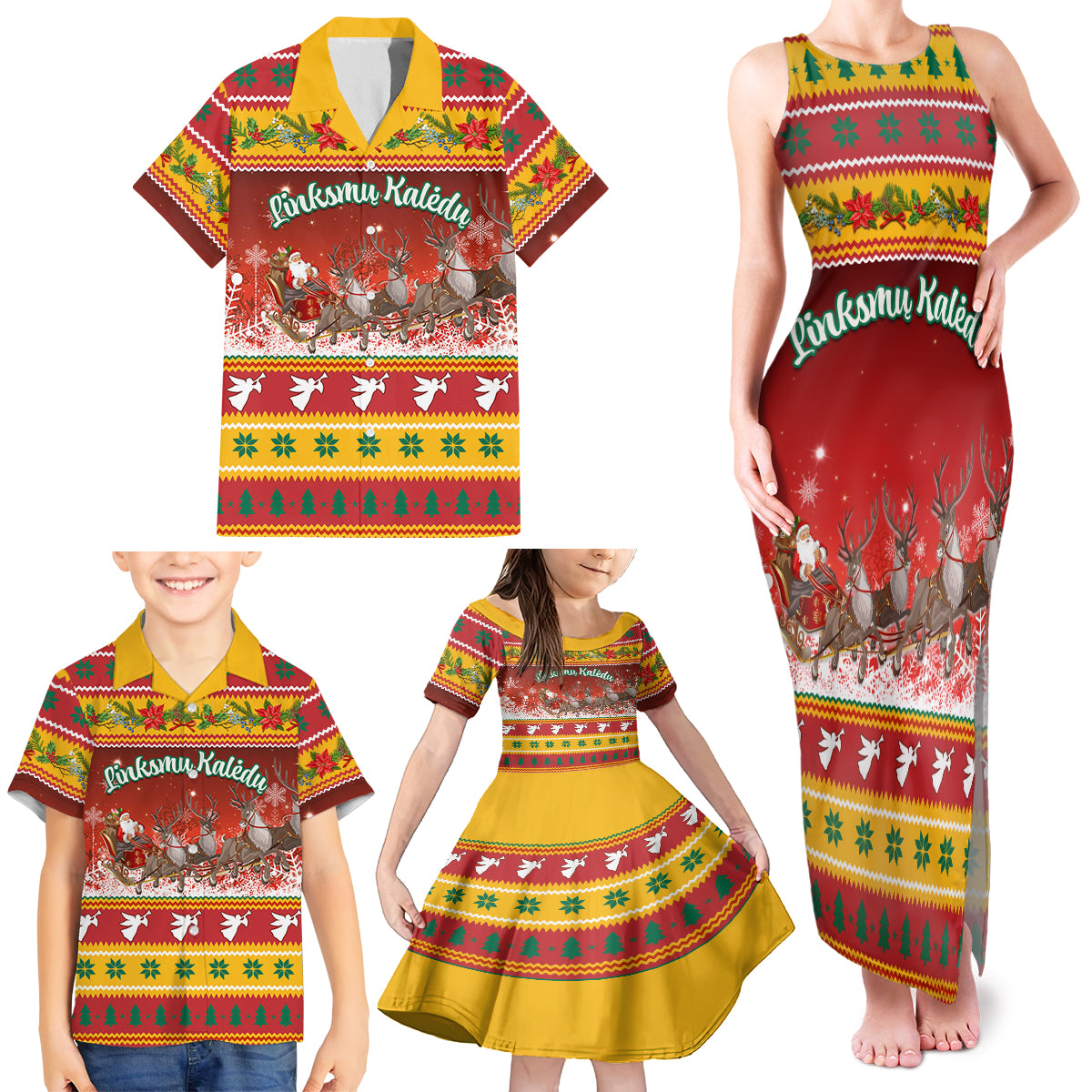Custom Lithuania Christmas Family Matching Tank Maxi Dress and Hawaiian Shirt Lietuva Santa Claus With Reindeer - Wonder Print Shop
