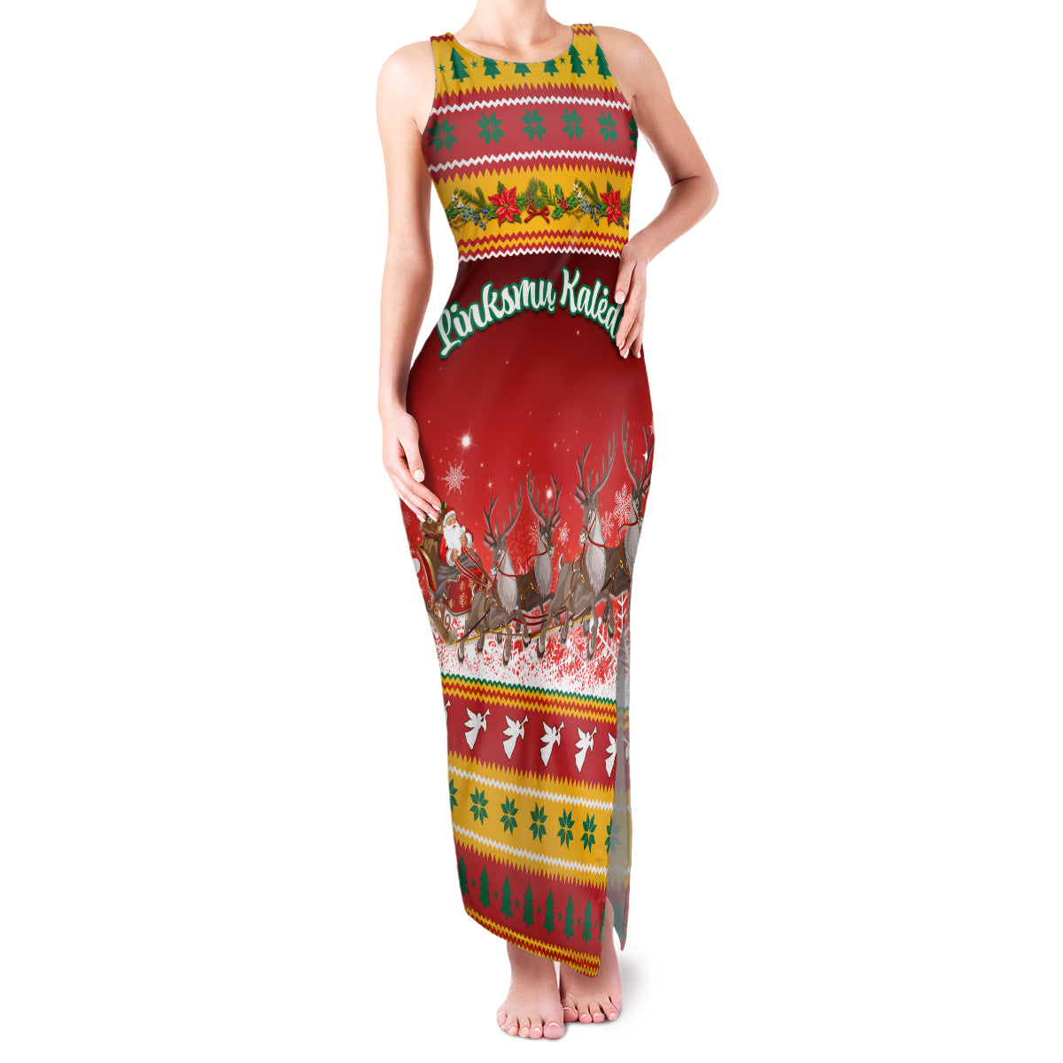 Custom Lithuania Christmas Family Matching Tank Maxi Dress and Hawaiian Shirt Lietuva Santa Claus With Reindeer - Wonder Print Shop