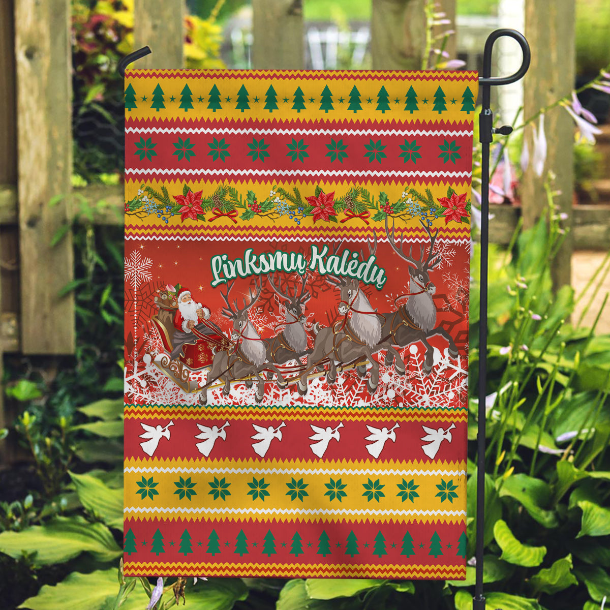 Custom Lithuania Christmas Garden Flag Lietuva Santa Claus With Reindeer - Wonder Print Shop