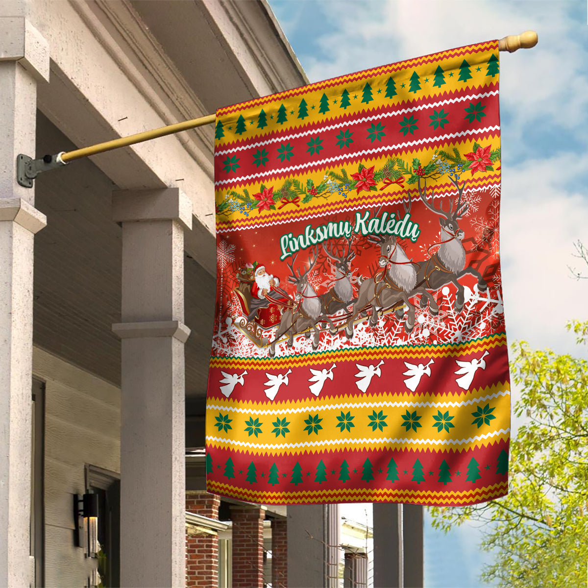 Custom Lithuania Christmas Garden Flag Lietuva Santa Claus With Reindeer - Wonder Print Shop