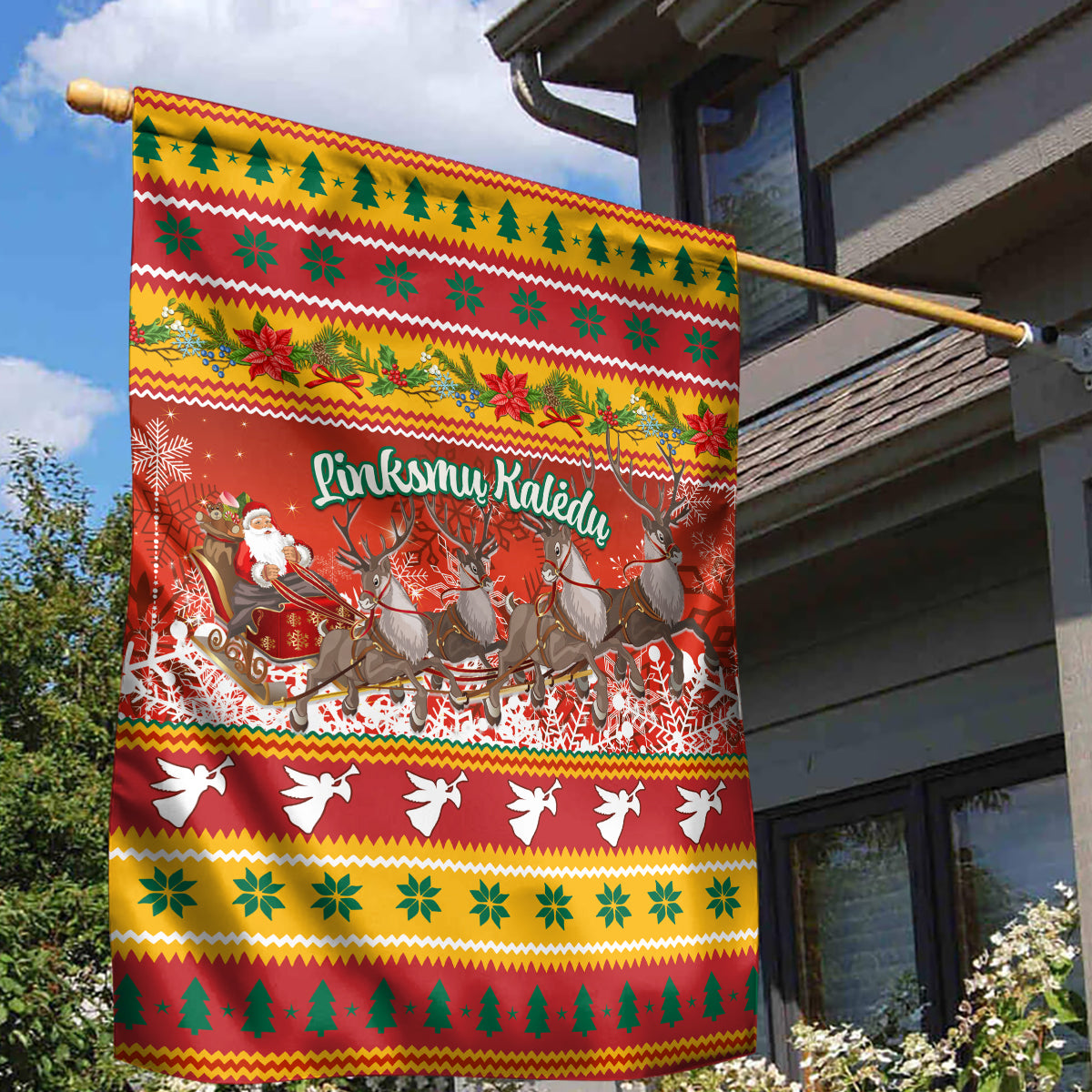 Custom Lithuania Christmas Garden Flag Lietuva Santa Claus With Reindeer - Wonder Print Shop