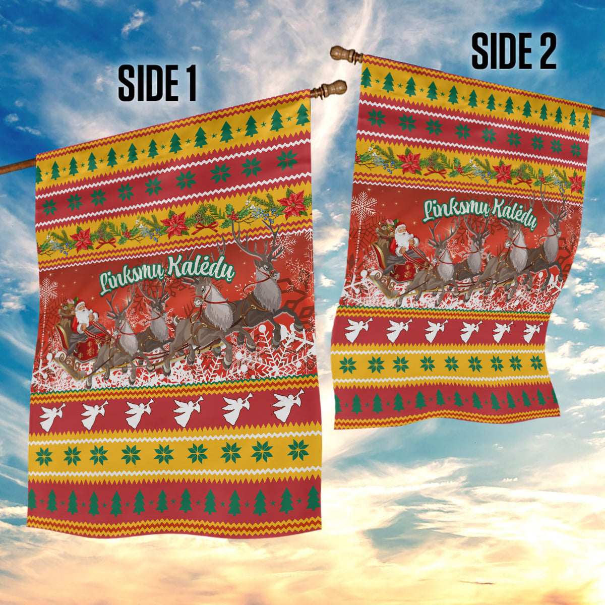 Custom Lithuania Christmas Garden Flag Lietuva Santa Claus With Reindeer - Wonder Print Shop